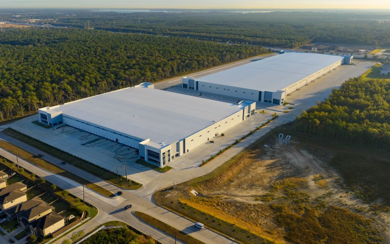 Exterior and aerial architectural photography of East Belt Logistics Park, a newly completed speculative industrial development by Rosenberger Construction, located at 12320 and 12330 Lockwood Road, Houston, TX 77044.